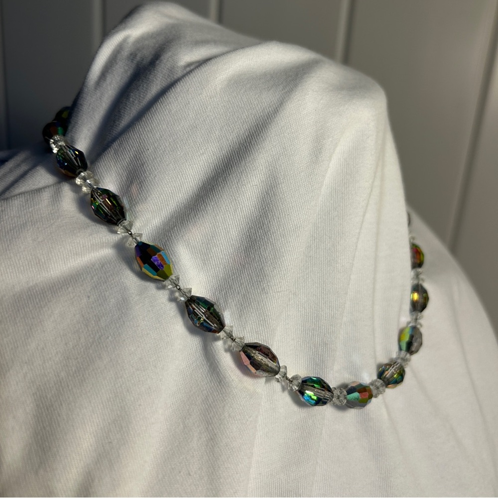 Vintage choker necklace Aurora Borealis crystal bead Smokey iridescent MCM 1950s